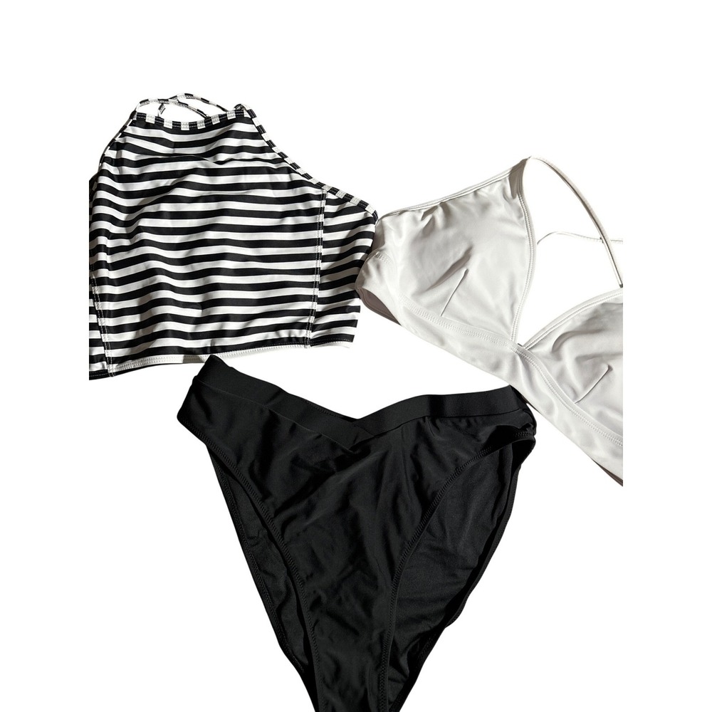 Unbranded 3 Piece Bikini Set Striped High Neck Triangle Black Bottoms L & XL